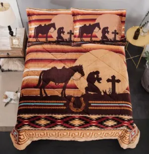 King Size Praying Cowboy 3 Piece Bedding Set