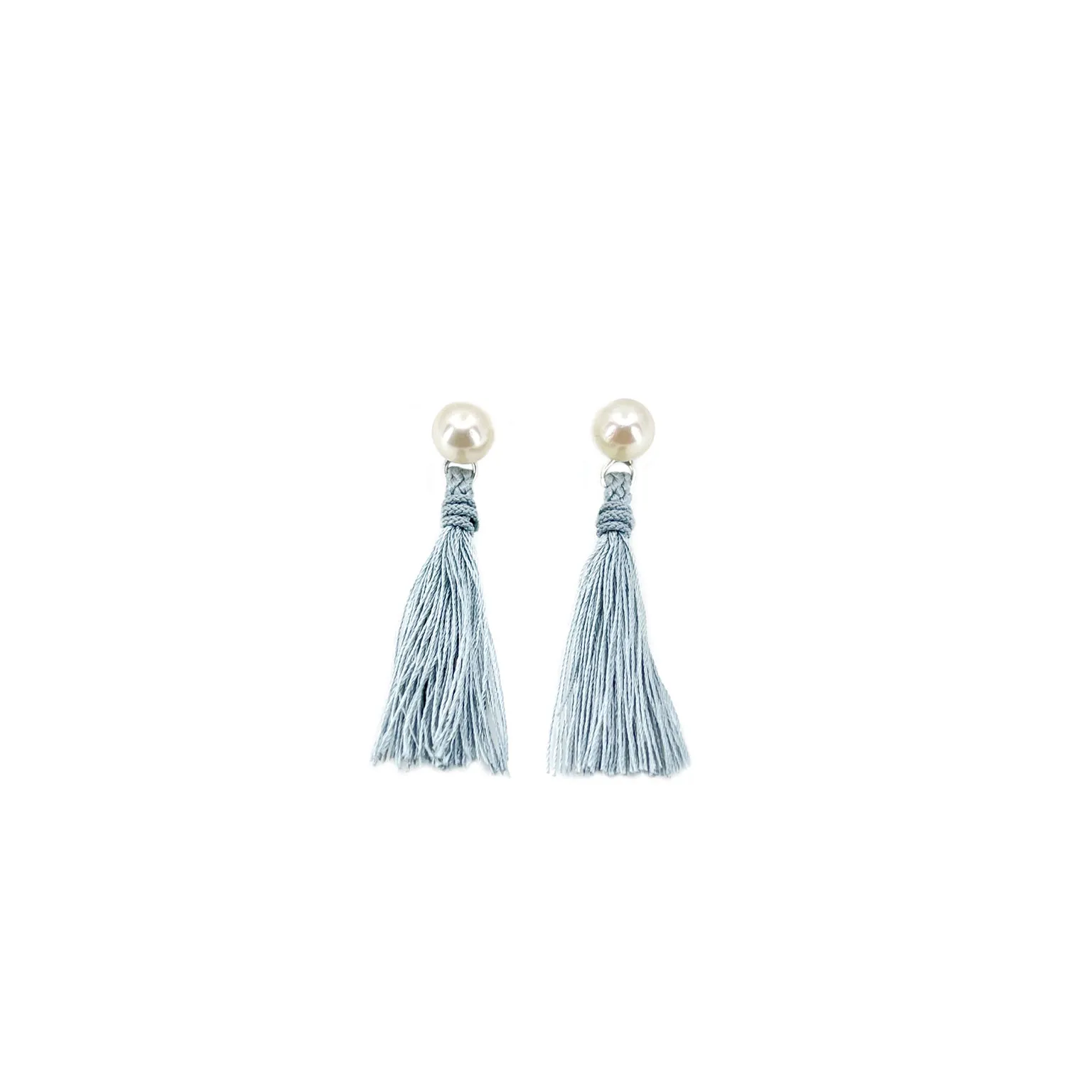 Kumihimo Braided Light Gray Natural Silk Tassel Boho Pierced Earring Enhancer- Sterling Silver 1 3/8 Inch