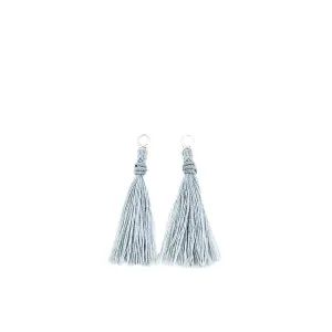 Kumihimo Braided Light Gray Natural Silk Tassel Boho Pierced Earring Enhancer- Sterling Silver 1 3/8 Inch