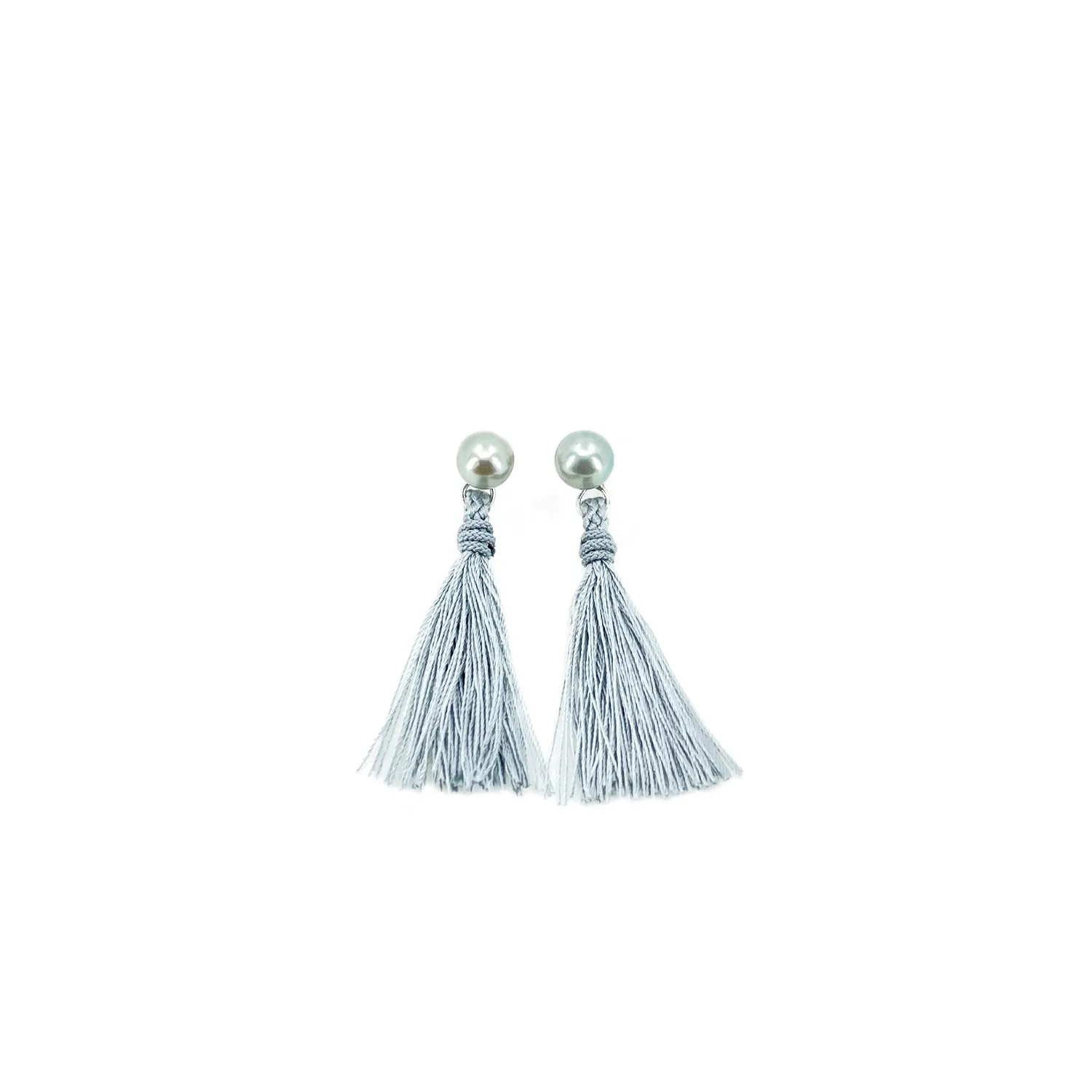 Kumihimo Braided Light Gray Natural Silk Tassel Boho Pierced Earring Enhancer- Sterling Silver 1 3/8 Inch