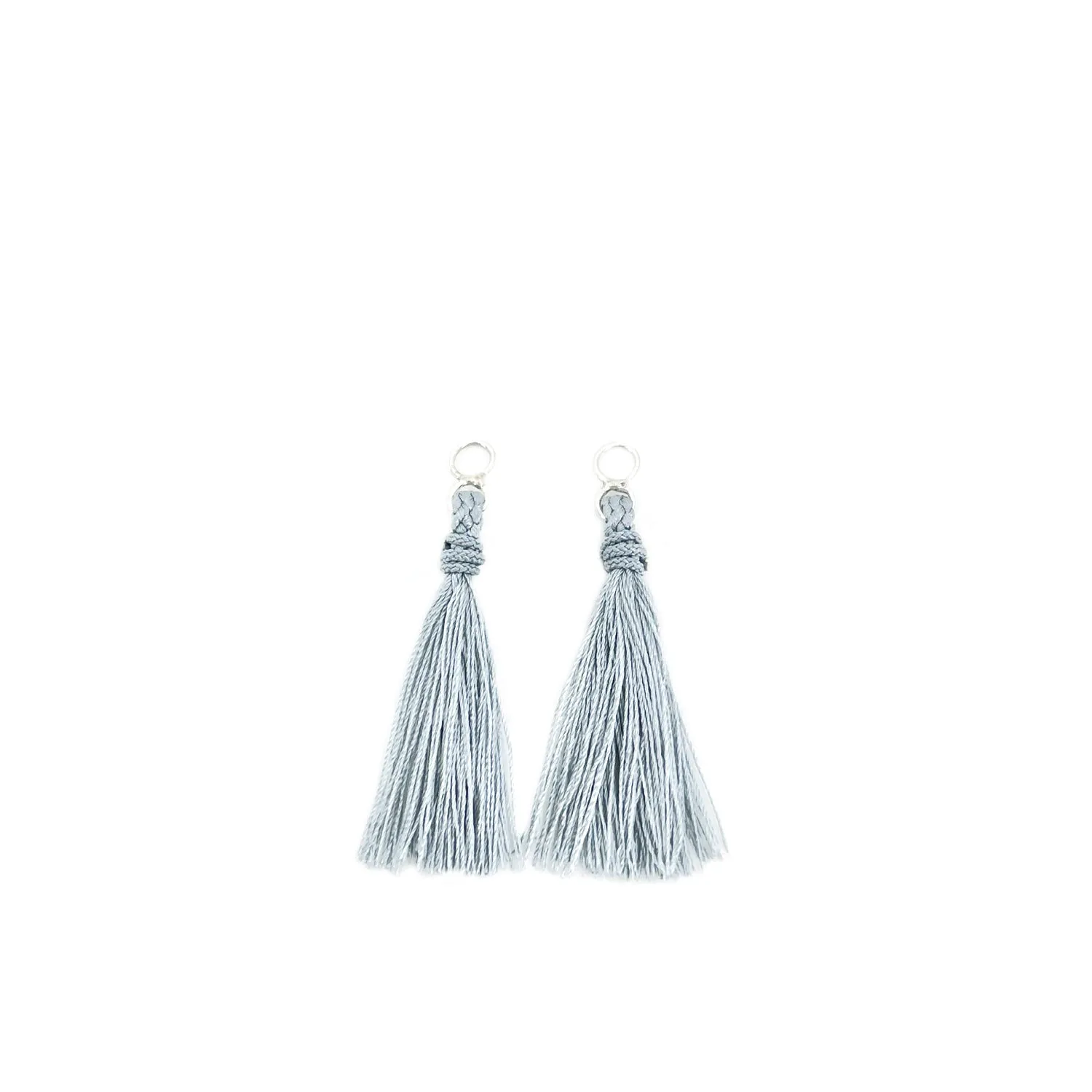Kumihimo Braided Light Gray Natural Silk Tassel Boho Pierced Earring Enhancer- Sterling Silver 1 3/8 Inch