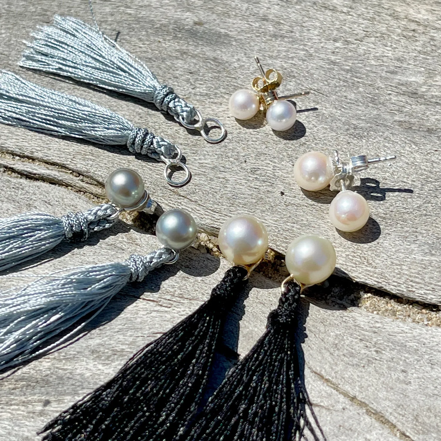 Kumihimo Braided Light Gray Natural Silk Tassel Boho Pierced Earring Enhancer- Sterling Silver 1 3/8 Inch