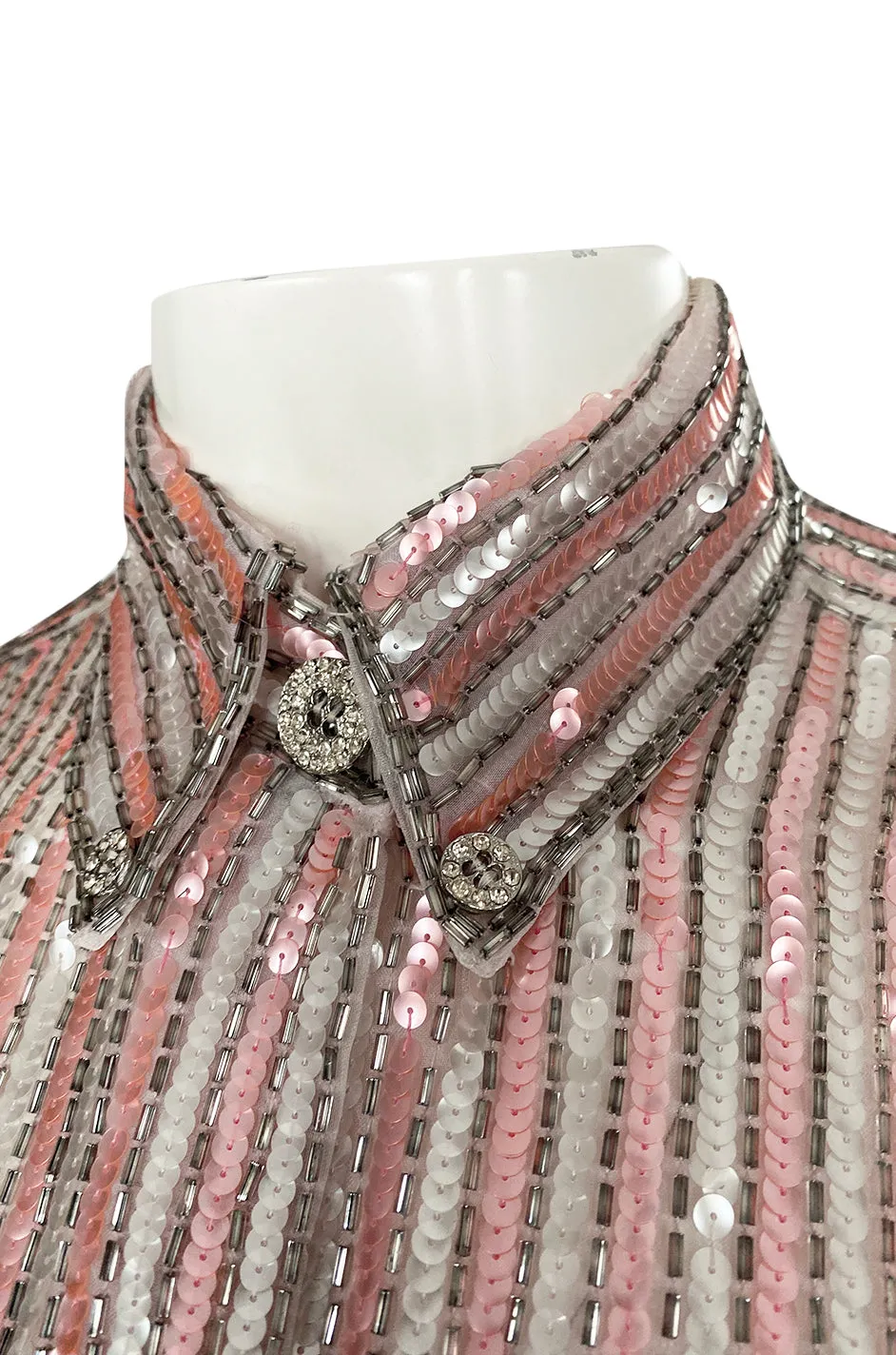 Late 1970s Oscar de la Renta Pink & Silver Sequin Top w Rhinestone Buttons