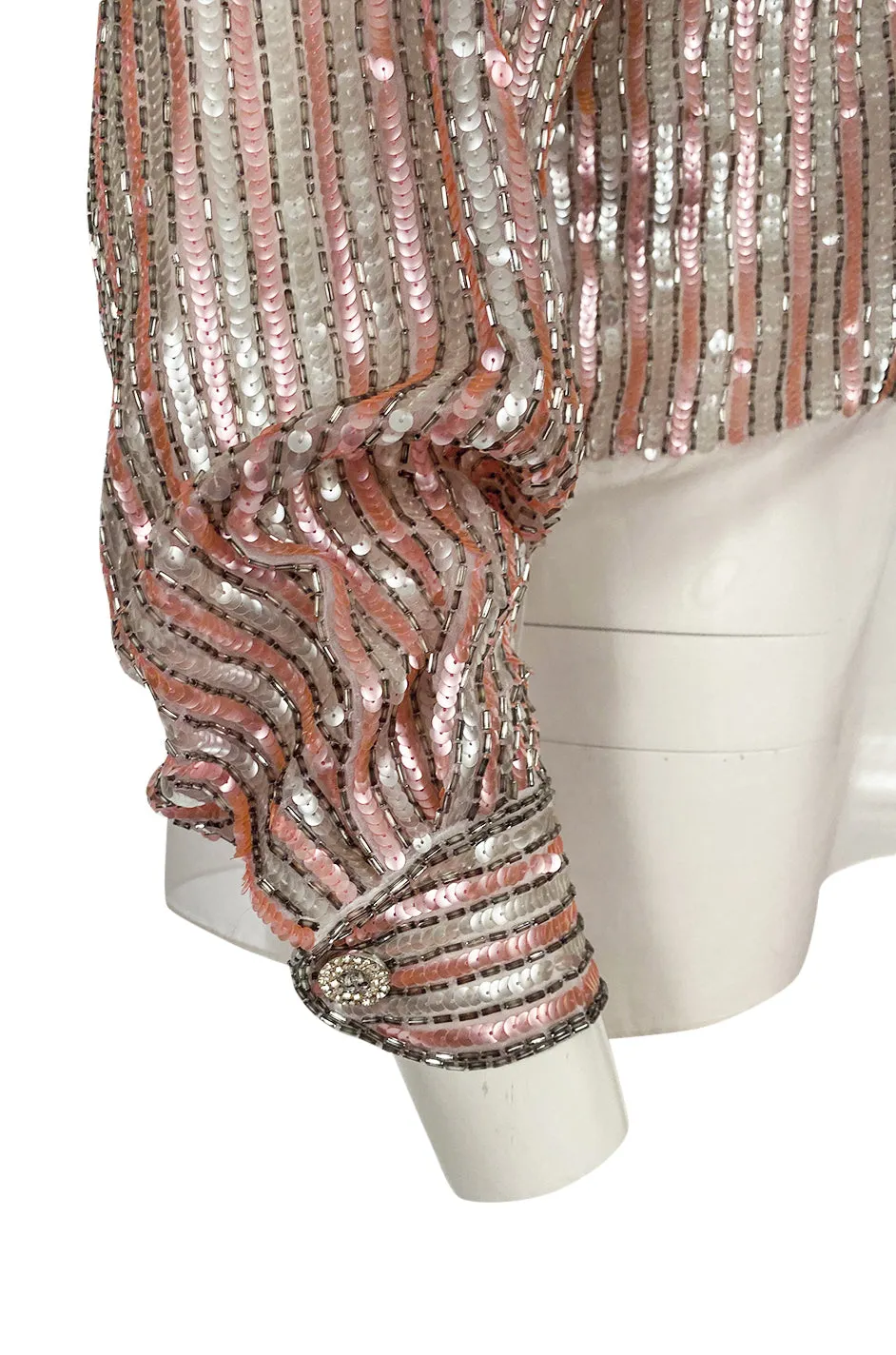 Late 1970s Oscar de la Renta Pink & Silver Sequin Top w Rhinestone Buttons