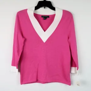 Lauren Ralph Lauren Pink Sweater Small Preppy White Stripe V Neck