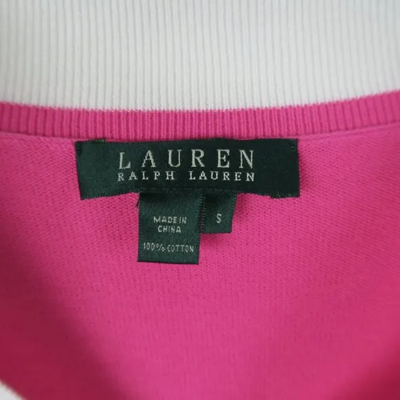 Lauren Ralph Lauren Pink Sweater Small Preppy White Stripe V Neck