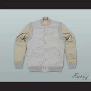 Light Gray and Tan Varsity Letterman Jacket-Style Sweatshirt