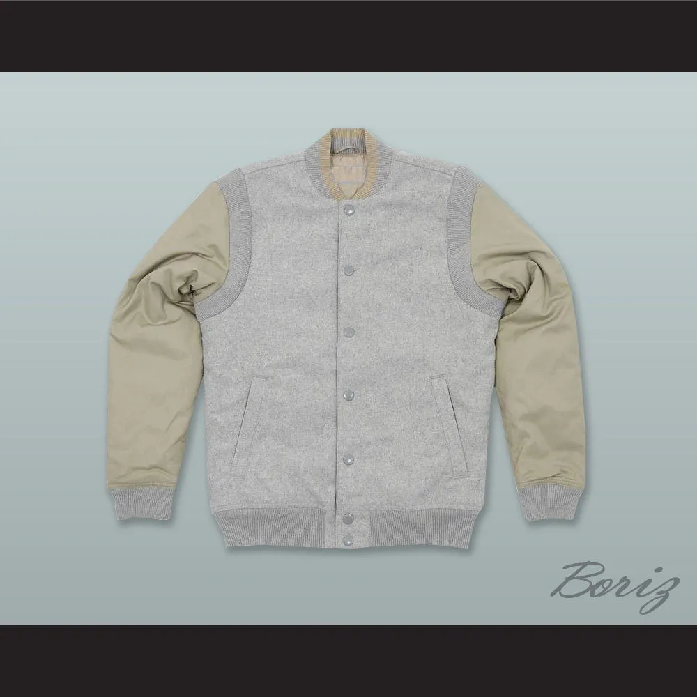 Light Gray and Tan Varsity Letterman Jacket-Style Sweatshirt