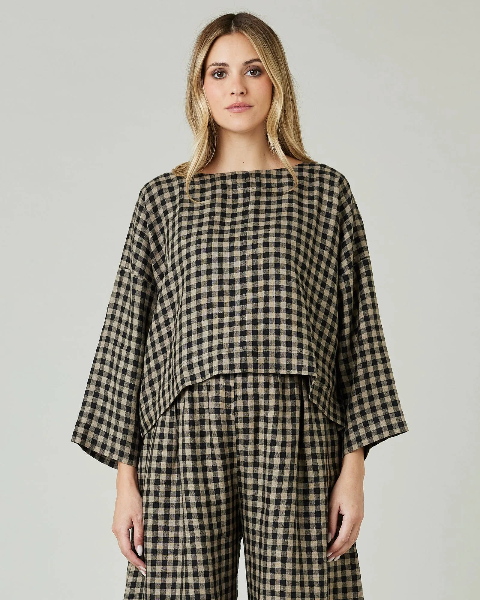Lily Coffee Gingham Linen Top