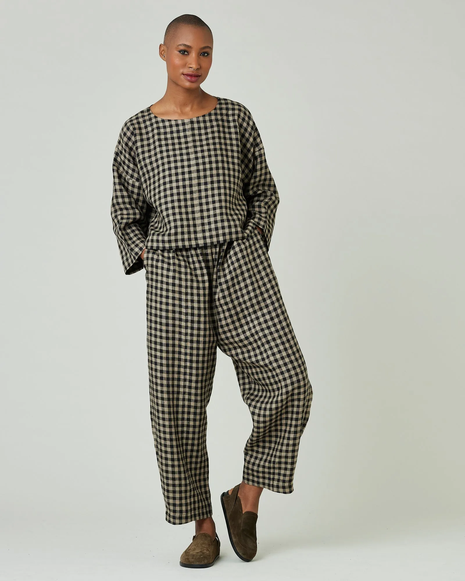 Lily Coffee Gingham Linen Top