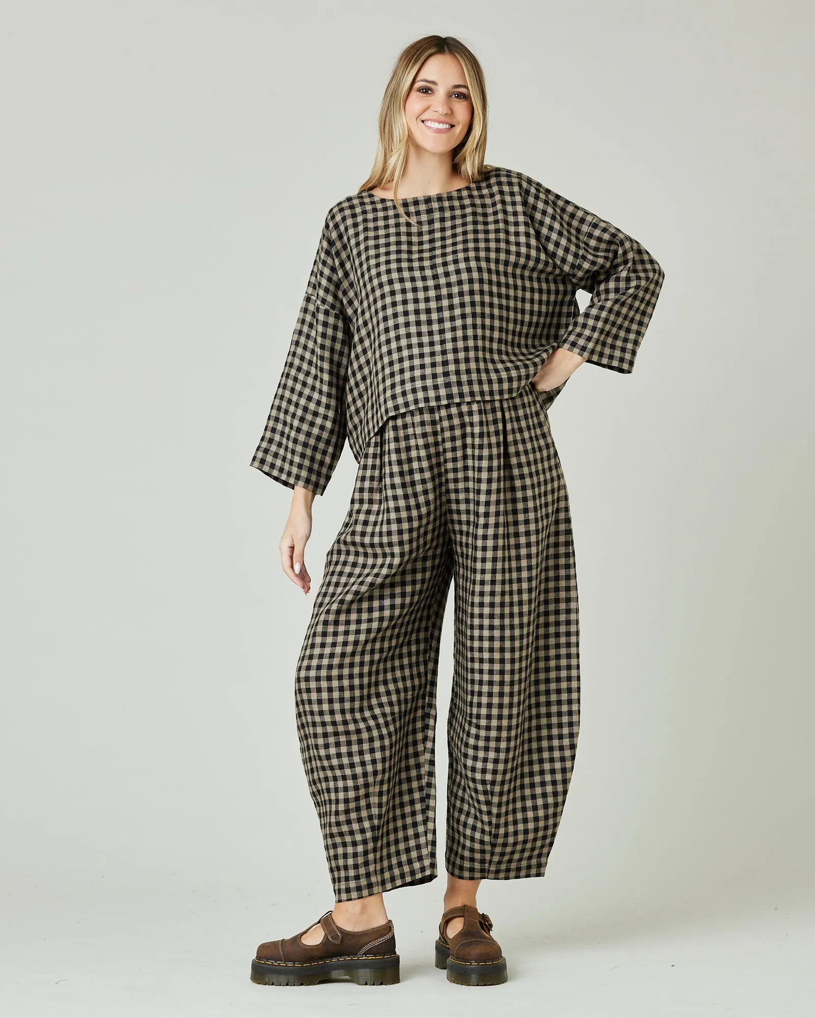 Lily Coffee Gingham Linen Top