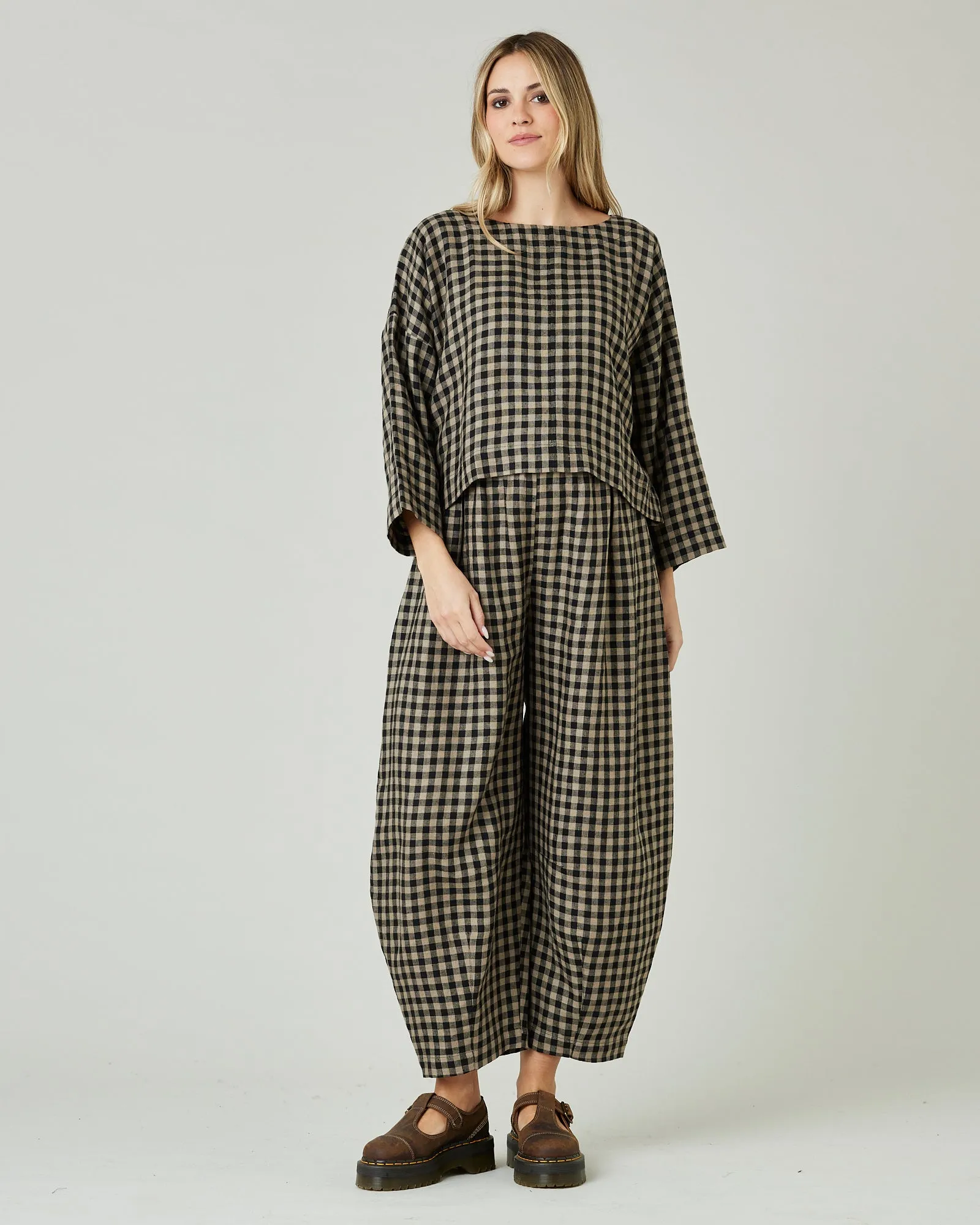 Lily Coffee Gingham Linen Top