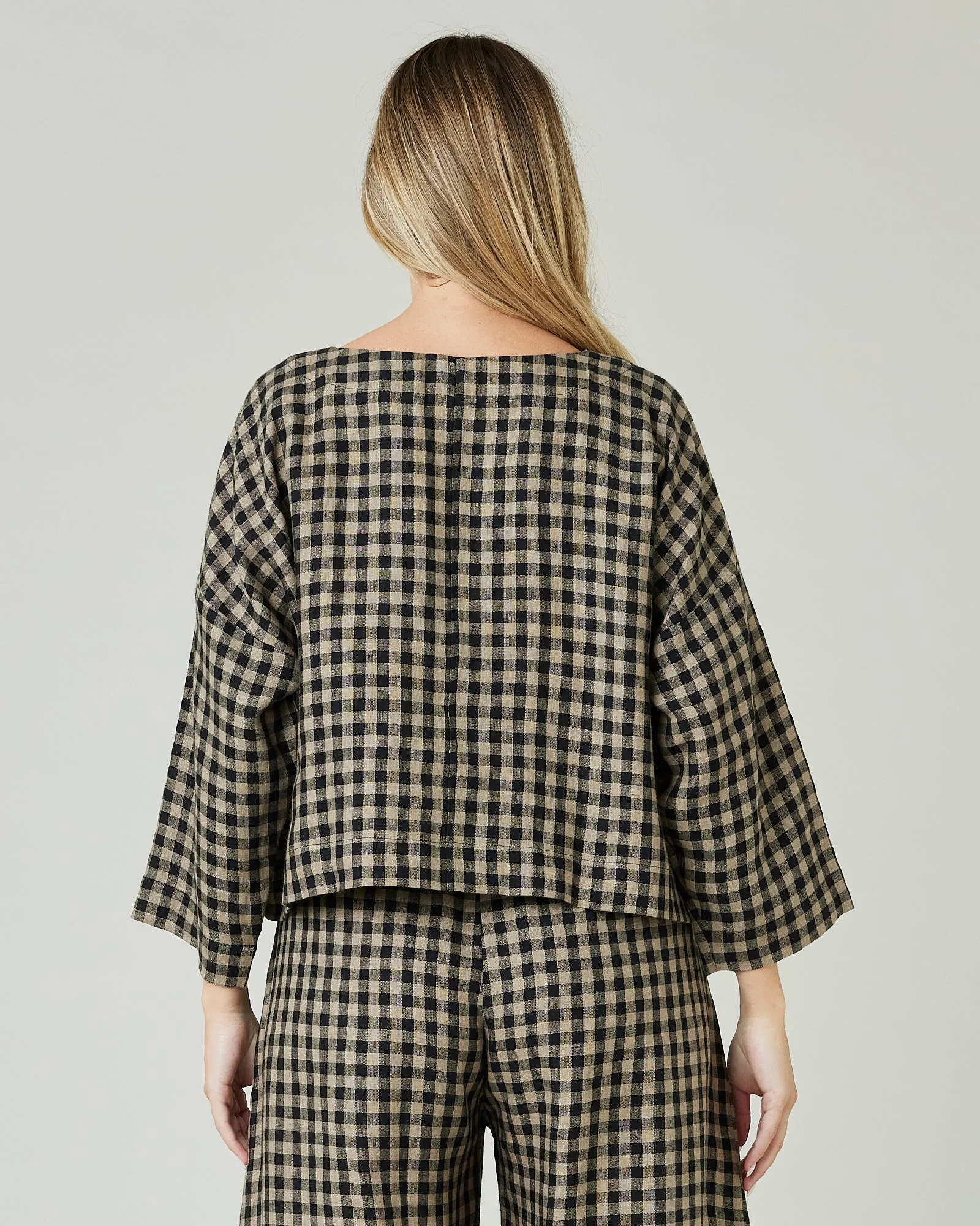 Lily Coffee Gingham Linen Top