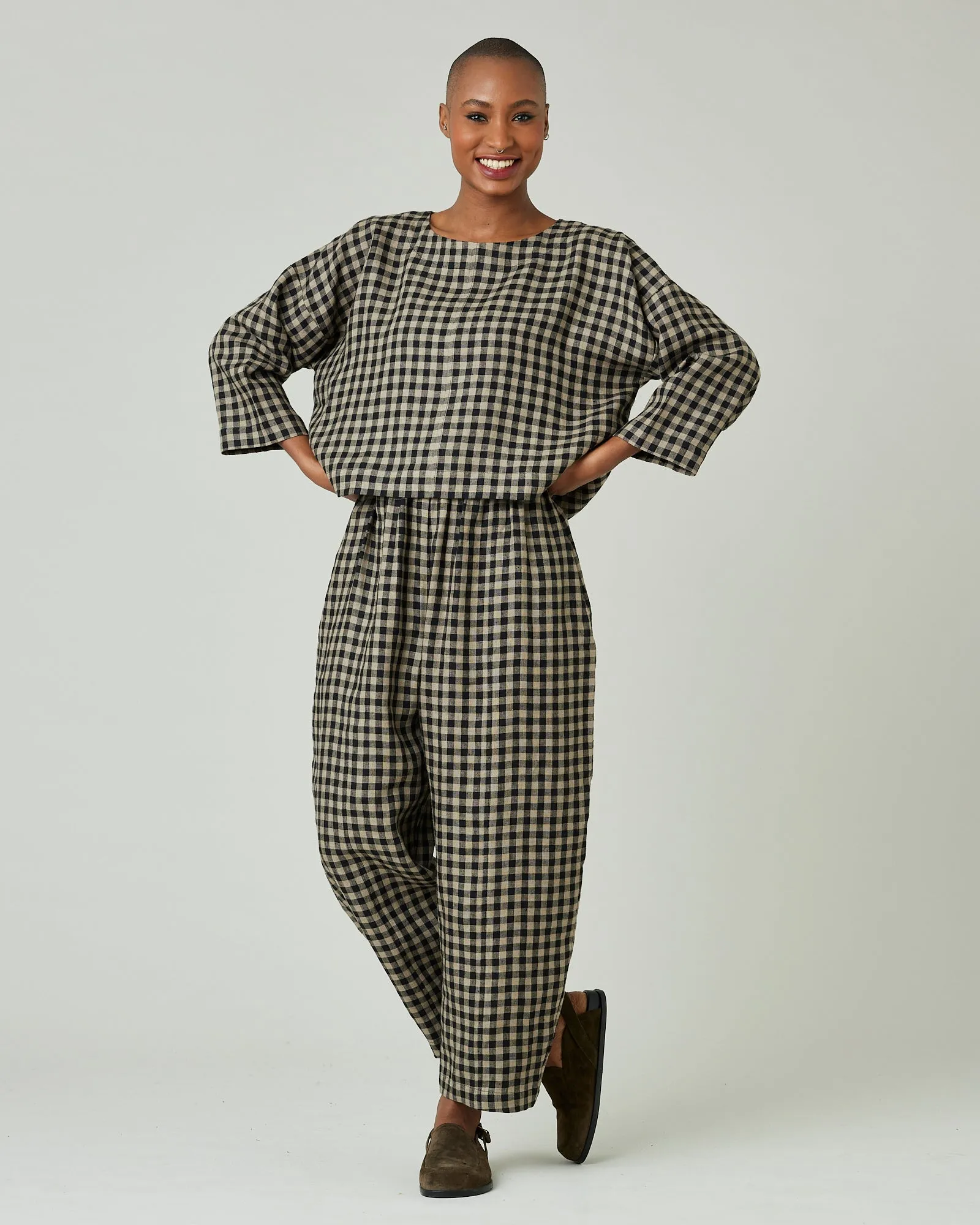 Lily Coffee Gingham Linen Top