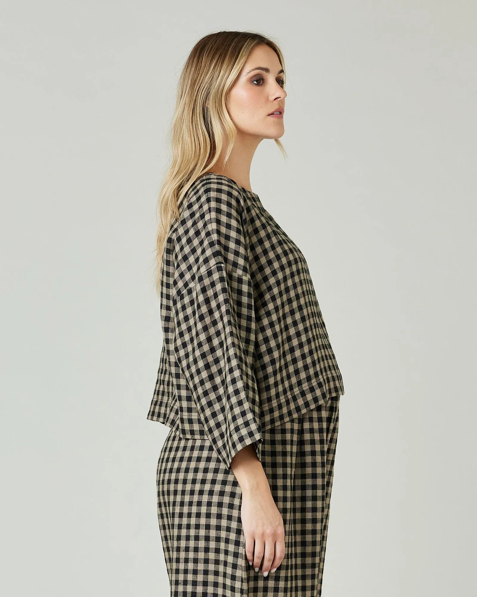 Lily Coffee Gingham Linen Top