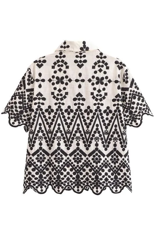 Linen Embroidered Black & White Top