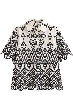 Linen Embroidered Black & White Top