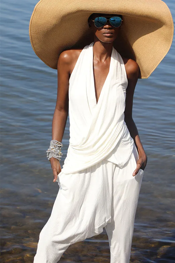 Linen Jersey V Neck Draped Top