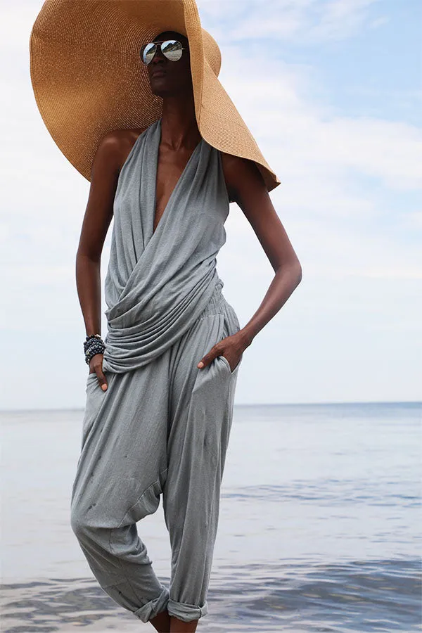 Linen Jersey V Neck Draped Top
