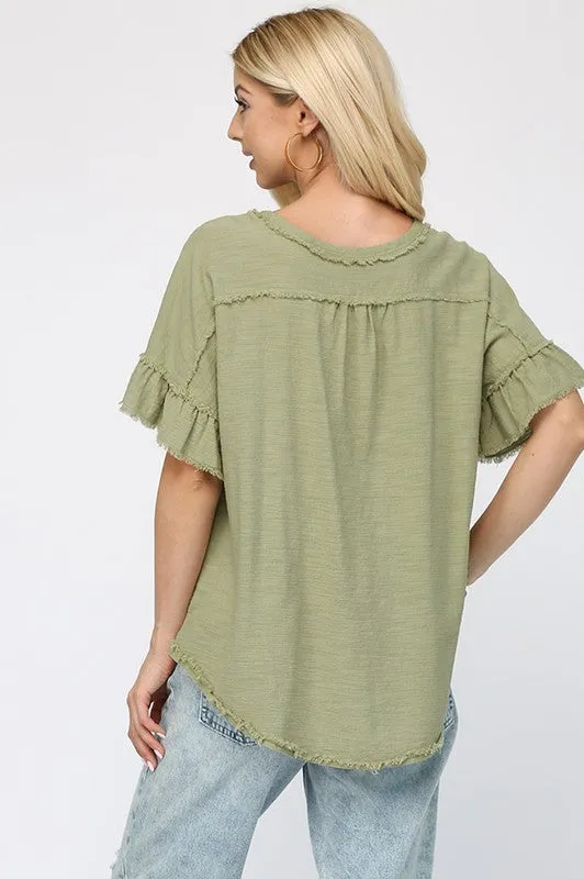 Living on the Edge Washed Linen V-Neck Top-Pre-Order
