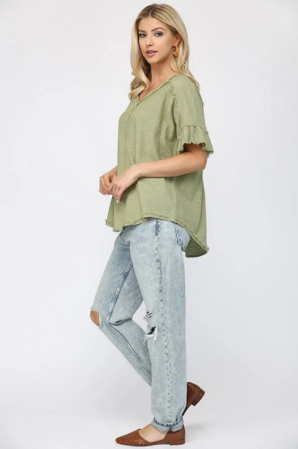 Living on the Edge Washed Linen V-Neck Top-Pre-Order