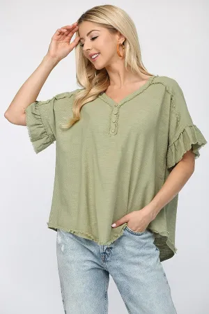 Living on the Edge Washed Linen V-Neck Top-Pre-Order