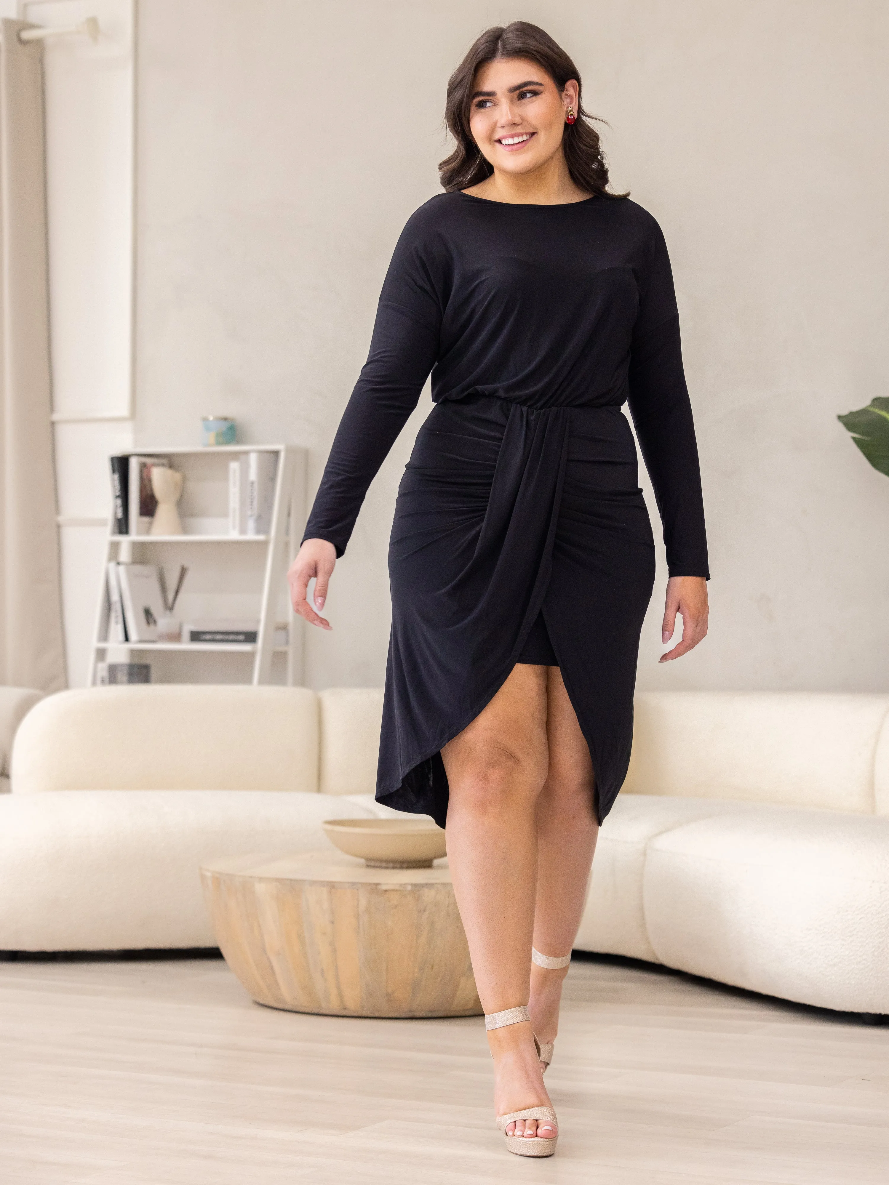 Long Sleeve Dressy Tulip Skirt Knee Length Plus Size Dress