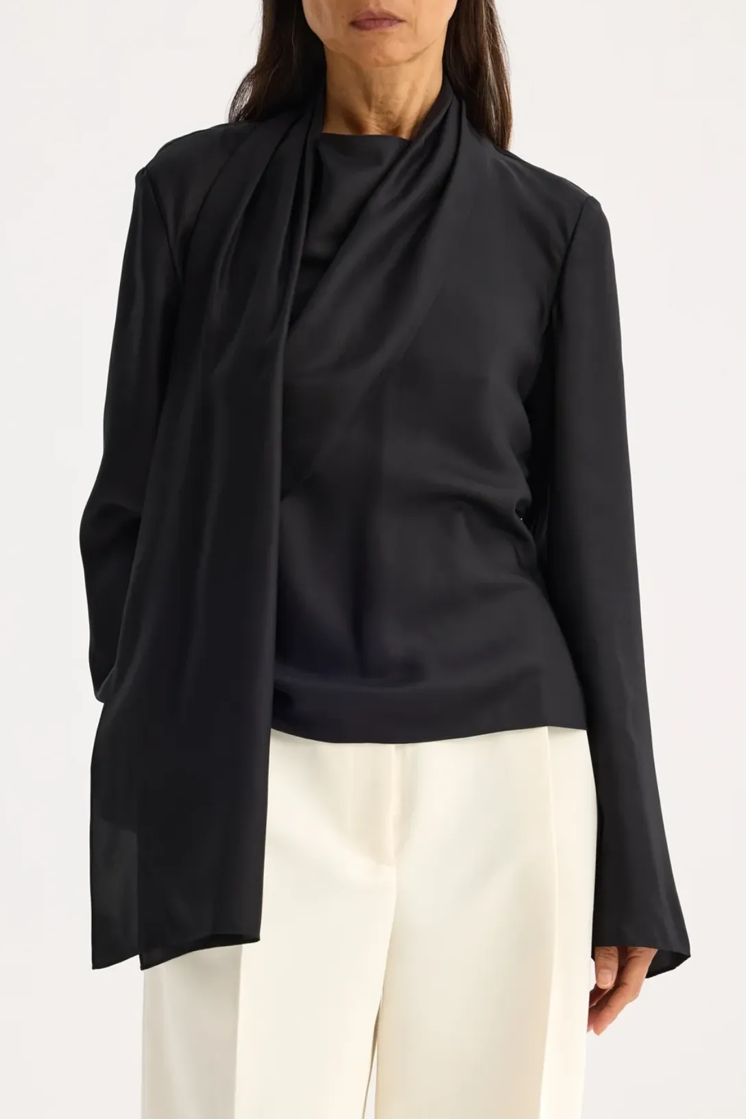 Long Sleeve Silk Foulard Top | Black