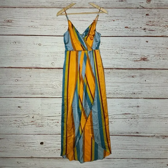 Lulus Jovi Orange Multi Striped Satin High-Low Midi Dress Sz S
