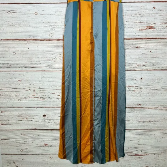 Lulus Jovi Orange Multi Striped Satin High-Low Midi Dress Sz S