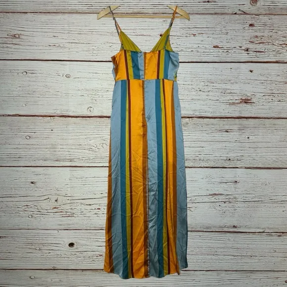 Lulus Jovi Orange Multi Striped Satin High-Low Midi Dress Sz S