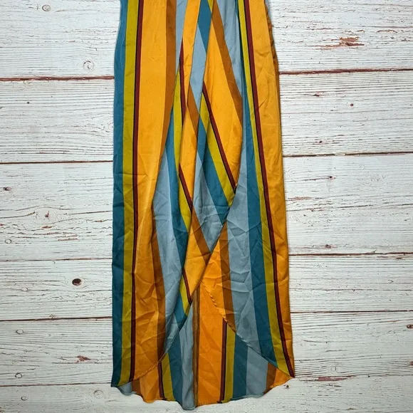 Lulus Jovi Orange Multi Striped Satin High-Low Midi Dress Sz S