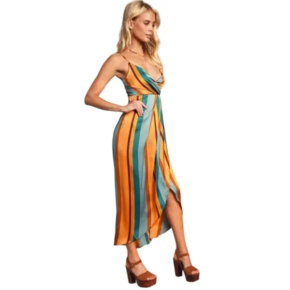 Lulus Jovi Orange Multi Striped Satin High-Low Midi Dress Sz S