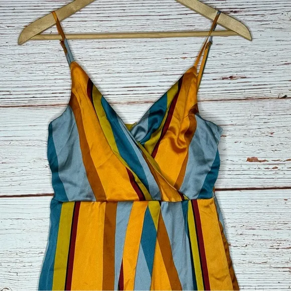 Lulus Jovi Orange Multi Striped Satin High-Low Midi Dress Sz S