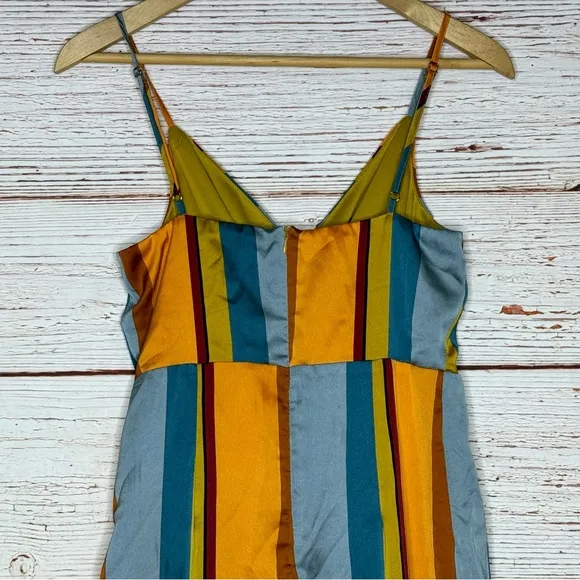 Lulus Jovi Orange Multi Striped Satin High-Low Midi Dress Sz S