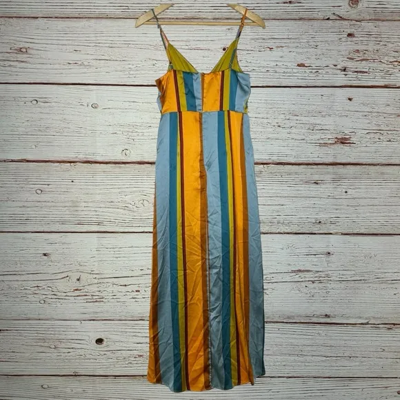 Lulus Jovi Orange Multi Striped Satin High-Low Midi Dress Sz S