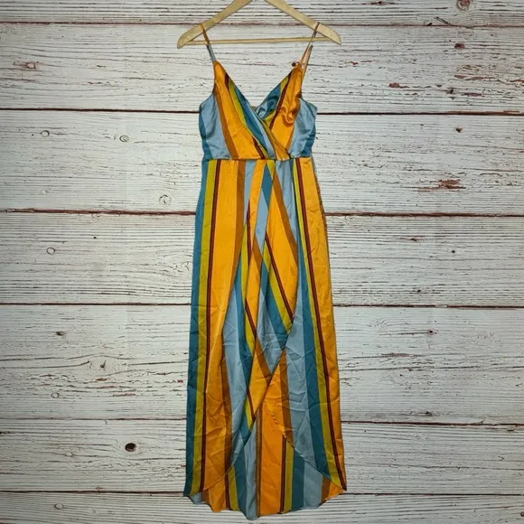 Lulus Jovi Orange Multi Striped Satin High-Low Midi Dress Sz S
