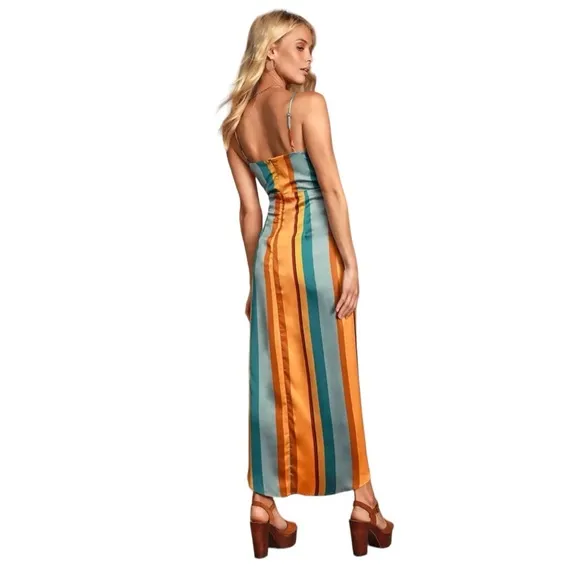 Lulus Jovi Orange Multi Striped Satin High-Low Midi Dress Sz S