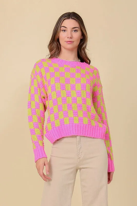 Lumiere Long Sleeve Checkboard Pullover Sweater