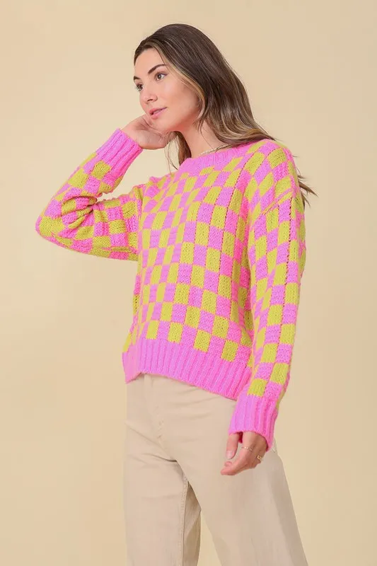 Lumiere Long Sleeve Checkboard Pullover Sweater