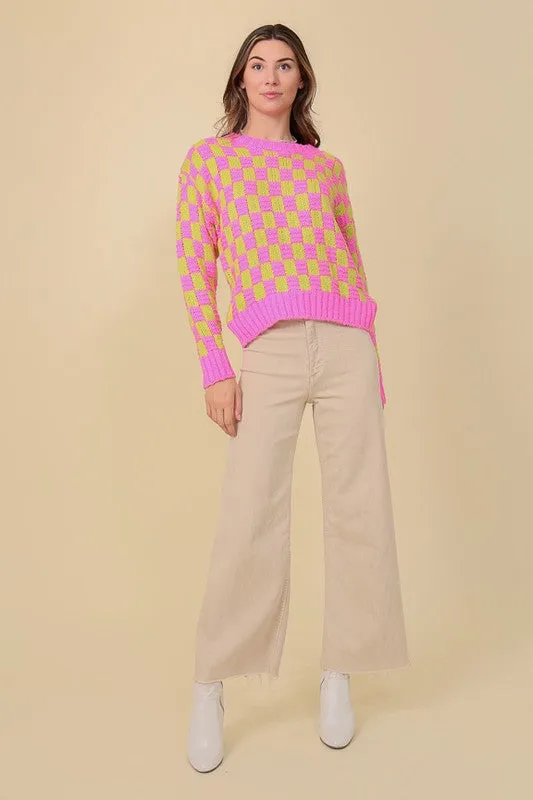 Lumiere Long Sleeve Checkboard Pullover Sweater