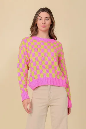 Lumiere Long Sleeve Checkboard Pullover Sweater
