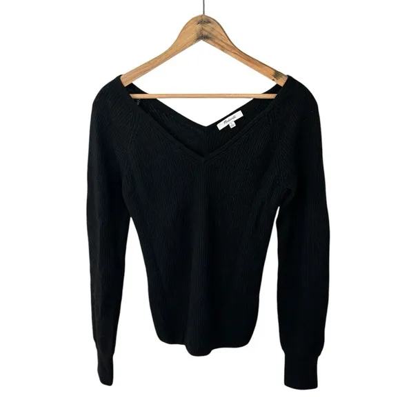Madewell | Women’s black Linwood Pullover Sweater v-neck front/back alpaca blend