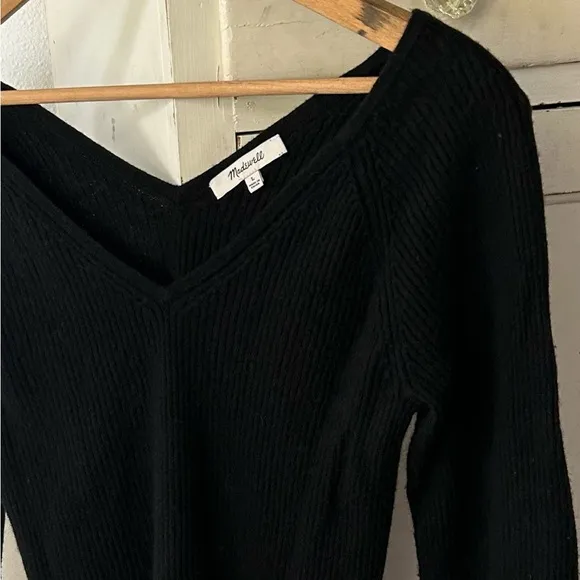 Madewell | Women’s black Linwood Pullover Sweater v-neck front/back alpaca blend