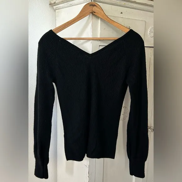 Madewell | Women’s black Linwood Pullover Sweater v-neck front/back alpaca blend