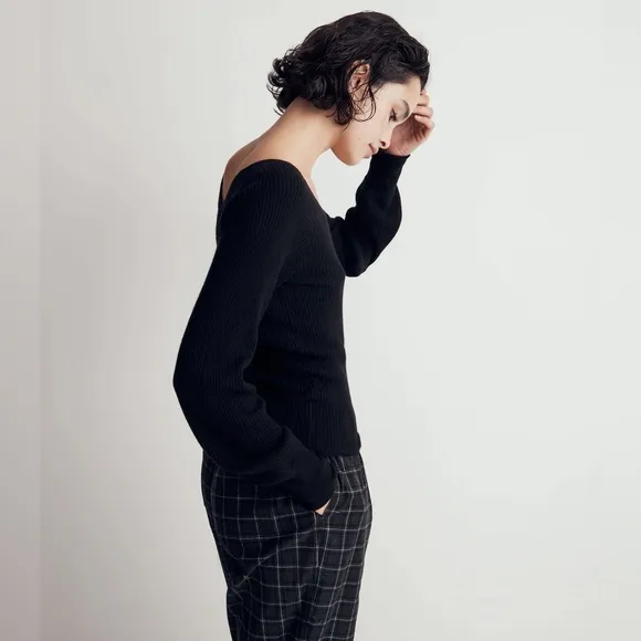 Madewell | Women’s black Linwood Pullover Sweater v-neck front/back alpaca blend