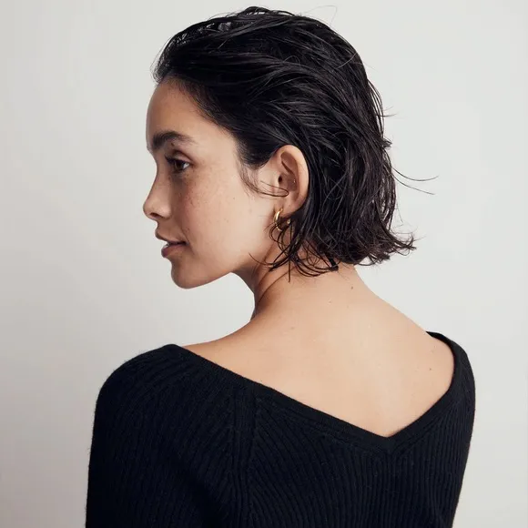 Madewell | Women’s black Linwood Pullover Sweater v-neck front/back alpaca blend