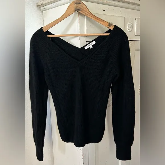 Madewell | Women’s black Linwood Pullover Sweater v-neck front/back alpaca blend