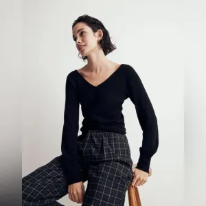 Madewell | Women’s black Linwood Pullover Sweater v-neck front/back alpaca blend