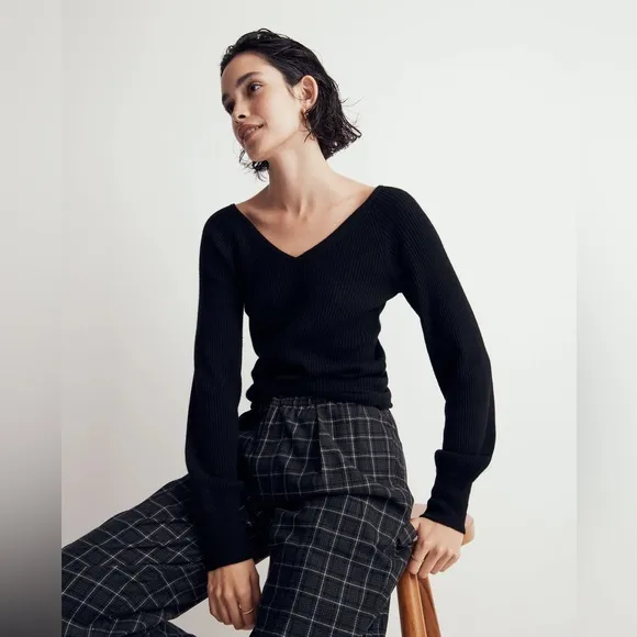 Madewell | Women’s black Linwood Pullover Sweater v-neck front/back alpaca blend
